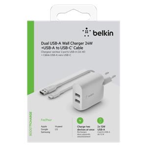 Belkin Dual USB-A Charger, 24W incl. USB-C Cable 1m, white