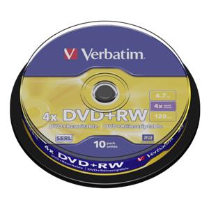 1x10 Verbatim DVD+RW 4,7GB 4x Speed, matte silver Cakebox