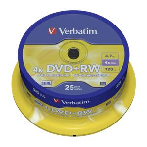 1x25 Verbatim DVD+RW 4,7GB 4x Speed, matt silver