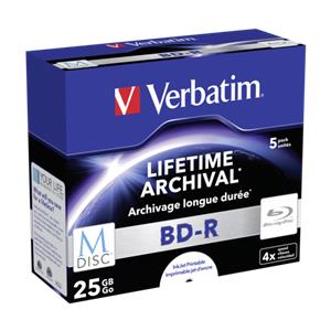 1x5 Verbatim M-Disc BD-R Blu-Ray 25GB 4x Speed, Jewel Case print.
