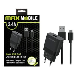 Maxmobile kućni punjač set 2U1 USB + MICRO DATA KABEL 2.4A crni