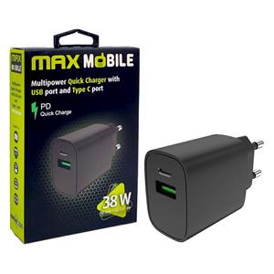 Max Mobile 38W PD Quick Charge 3.0, USB-A, USB-C, crni • ISPORUKA ODMAH