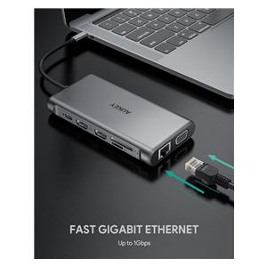 AUKEY CB-C78 interface hub 5000 Mbit/s Black | Aluminium | 12in1 | RJ45 Ethernet 10/100/1000Mbps | 2xUSB 3.1 | 2xUSB 2.0 | 2xHDMI 4k@30Hz | VGA | SD & microSD | USB-C 3