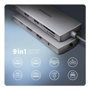 AXAGON HMC-8HLSA USB-C 3.2 Gen 1 Multiport Hub, 3x USB-A + 4K/60Hz HDMI + SD/microSD, Gigabit LAN, Audio, PD 100W - Silver 3