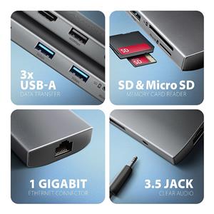 AXAGON HMC-8HLSA USB-C 3.2 Gen 1 Multiport Hub, 3x USB-A + 4K/60Hz HDMI + SD/microSD, Gigabit LAN, Audio, PD 100W - Silver 4