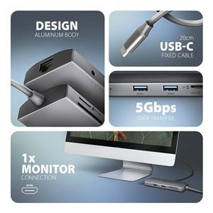 AXAGON HMC-8HLSA USB-C 3.2 Gen 1 Multiport Hub, 3x USB-A + 4K/60Hz HDMI + SD/microSD, Gigabit LAN, Audio, PD 100W - Silver 5