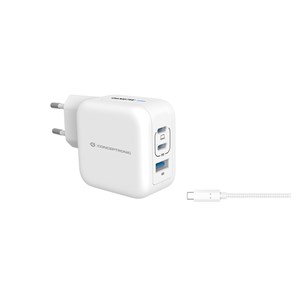 Conceptronic 3-Port 67W GaN USB PD Charger with USB-C Charging Cable, USB-C x 2, USB-A x 1, QC 3.0, PPS