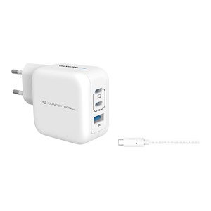 Conceptronic 3-Port 67W GaN USB PD Charger with USB-C Charging Cable, USB-C x 2, USB-A x 1, QC 3.0, PPS