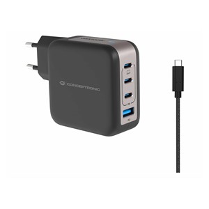 Conceptronic 4-Port 100W GaN USB PD Charger with USB-C Charging Cable, USB-C x 3, USB-A x 1, QC 3.0, PPS