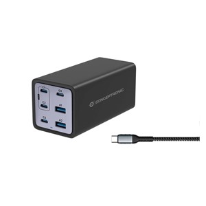 Conceptronic 6-Port 200W GaN USB PD Charger with USB-C Charging Cable, USB-C x 4, USB-A x 2, QC 3.0, PD 3.1, PPS
