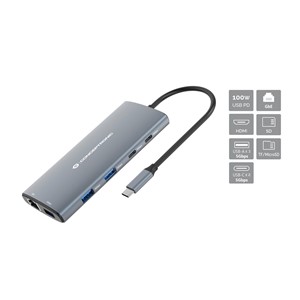 Conceptronic DONN06G 10-in-1 USB 3.2 Gen 1 Docking Station, HDMI, 100W USB PD, USB-C 5Gbps x 2, USB-A 5Gbps x 3, SD, TF /MicroSD, GbE
