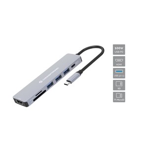 Conceptronic DONN19G 7-in-1 USB 3.2 Gen 1 Docking Station, HDMI, USB-A 3.0 x 3, SD, TF /MicroSD, 100W USB PD