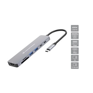 Conceptronic DONN28G 7-in-1 USB 3.2 Gen 1 Docking Station, 4K60Hz HDMI, USB-A 5Gbps x 2, USB-C 5Gbps, SD, TF /MicroSD, 100W USB PD