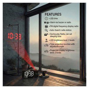 Digital LED clock radio with GreenBlue projector, FM radio, alarm, 12 /24 clock, 5V DC USB power supply + CR2032, GB172