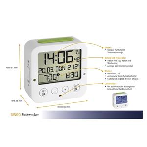 TFA 60.2528.02 Bingo white Digital RC Alarm Clock w. Temper 5