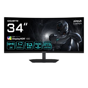GIGABYTE G34WQC2 34” WQHD Curved Gaming Monitor - 3440 x 1440, 1500R, 200Hz, 1ms, 450 cd /m2, AMD FreeSync Premium, DisplayHDR 400, HDMI 2.0, Displayport 1.4