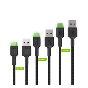 Green Cell Set 3x GC Ray USB-C Cable 30cm, 120cm, 200cm with green LED backlight, fast charging UC, QC 3.0