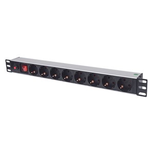 Intellinet 19 1U Rackmount 8-Way Power Strip - German Type, With On /Off Switch and Overload Protection, 3m Power Cord (Euro 2-pin plug)