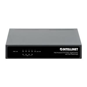 Intellinet 5-Port Gigabit Switch with PoE Passthrough, 4 x PSE PoE ports, 1 x PD PoE port, IEEE 802.3at/af Power-over-Ethernet (PoE+/PoE), IEEE 802.3az Energy Efficient Ethernet, Desktop 3