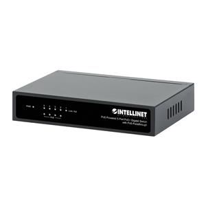 Intellinet 5-Port Gigabit Switch with PoE Passthrough, 4 x PSE PoE ports, 1 x PD PoE port, IEEE 802.3at/af Power-over-Ethernet (PoE+/PoE), IEEE 802.3az Energy Efficient Ethernet, Desktop 5