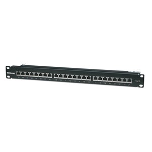 Intellinet Patch Panel, Cat6, FTP, 24-Port, 1U, Shielded, 90° Top-Entry Punch-Down Blocks, Black