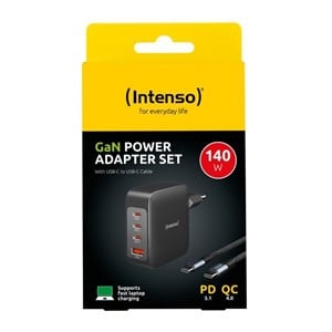Intenso 140W GaN power supply with 3xUSB-C and 1xUSB-A ports and included 2M 200W USB-C cable
