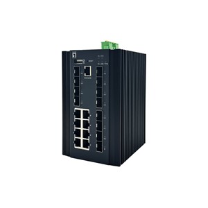 LevelOne 20-Port L2 Plus Managed Industrial Switch, 8 x 1GbE RJ45, 8 x 1GbE SFP, 4 x 1 /2.5 /10GbE SFP+, DIN-Rail, -40°C to 80°C