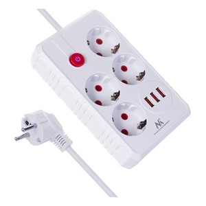 Maclean power strip, 4-socket extension cable + 3xUSB, 110-240V AC 50 /60Hz, 2.1A max 2500W, 1.5m, white, MCE392 W