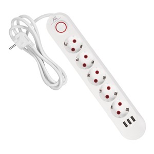 Maclean power strip, 5 socket extension + 3xUSB, 110-240V AC 50 /60Hz, 2.1A max 2500W, 1.5m, white, MCE395 W