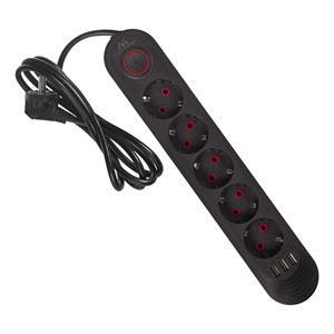 Maclean power strip, 5 socket extension cable + 3xUSB, 110-240V AC 50 /60Hz, 2.1A max 2500W, 1.5m, black, MCE395 B