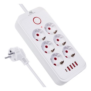Maclean power strip, 6 socket extension + 4xUSB, 110-240V AC 50 /60Hz, 2.1A max 2500W, 1.5 m, white, MCE389 W