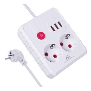 Maclean power strip, extension cord 2 sockets + 3xUSB, 110-240V AC 50 /60Hz, 2.1A max 2500W, 1.5m, white, MCE387 W