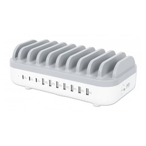 Manhattan Charging Station, 10x Ports: 3x USB-C (up to 18W PD) and 7x USB-A (up to 12W), 120W Total Output, White /Grey, Three Year Warranty, Box