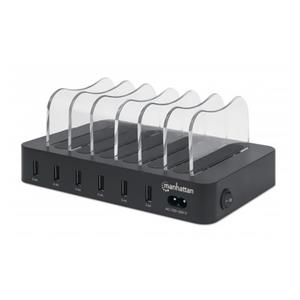 Manhattan Charging Station, 6x USB-A Ports, Outputs: 6x 2.4A, Smart IC, LED Indicator Lights, Black, Three Year Warranty, Box