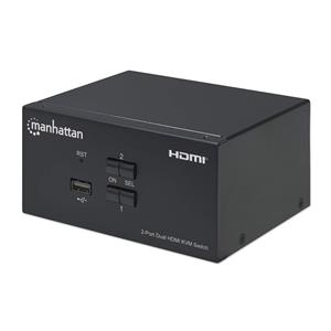 Manhattan HDMI KVM Switch 2-Port, 4K@30Hz, USB-A/3.5mm Audio/Mic Connections, Cables included, Audio Support, Control 2x computers from one pc/mouse/screen, USB Powered, Black, Three Year Warranty, Boxed