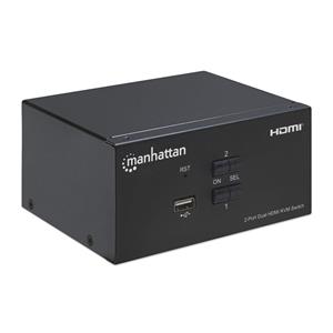 Manhattan HDMI KVM Switch 2-Port, 4K@30Hz, USB-A/3.5mm Audio/Mic Connections, Cables included, Audio Support, Control 2x computers from one pc/mouse/screen, USB Powered, Black, Three Year Warranty, Boxed 3