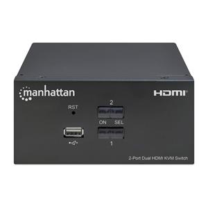 Manhattan HDMI KVM Switch 2-Port, 4K@30Hz, USB-A/3.5mm Audio/Mic Connections, Cables included, Audio Support, Control 2x computers from one pc/mouse/screen, USB Powered, Black, Three Year Warranty, Boxed 4