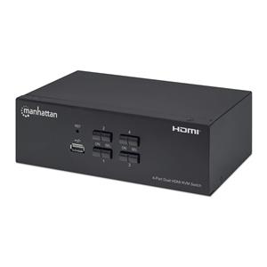 Manhattan HDMI KVM Switch 4-Port, 4K@30Hz, USB-A/3.5mm Audio/Mic Connections, Cables included, Audio Support, Control 4x computers from one pc/mouse/screen, USB Powered, Black, Three Year Warranty, Boxed