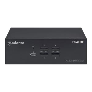 Manhattan HDMI KVM Switch 4-Port, 4K@30Hz, USB-A/3.5mm Audio/Mic Connections, Cables included, Audio Support, Control 4x computers from one pc/mouse/screen, USB Powered, Black, Three Year Warranty, Boxed 4