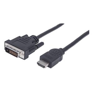 Manhattan HDMI to DVI-D 24+1 Cable, 1.8m, Male to Male, Black, Equivalent to HDMIDVIMM6, Dual Link, Compatible with DVD-D, Lifetime Warranty, Polybag