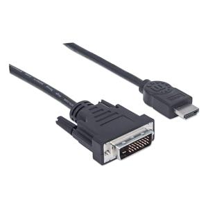 Manhattan HDMI to DVI-D 24+1 Cable, 1.8m, Male to Male, Black, Equivalent to HDMIDVIMM6, Dual Link, Compatible with DVD-D, Lifetime Warranty, Polybag 3