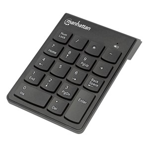 Manhattan Numeric Keypad, Wireless (2.4GHz), USB-A Micro Receiver, 18 Full Size Keys, Black, Membrane Key Switches, Auto Power Management, Range 10m, AAA Battery (included), Windows and Mac, Three Year Warranty