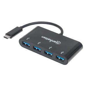 Manhattan USB-C Dock/Hub, Ports (x4): USB-A (x4), 5 Gbps (USB 3.2 Gen1 aka USB 3.0), External Power Supply Not Needed, Equivalent to HB30C4AB, Cable 20cm, SuperSpeed USB, Black, Three Year Warranty, Blister