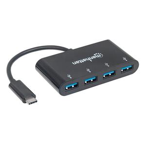 Manhattan USB-C Dock/Hub, Ports (x4): USB-A (x4), 5 Gbps (USB 3.2 Gen1 aka USB 3.0), External Power Supply Not Needed, Equivalent to HB30C4AB, Cable 20cm, SuperSpeed USB, Black, Three Year Warranty, Blister 3