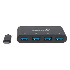 Manhattan USB-C Dock/Hub, Ports (x4): USB-A (x4), 5 Gbps (USB 3.2 Gen1 aka USB 3.0), External Power Supply Not Needed, Equivalent to HB30C4AB, Cable 20cm, SuperSpeed USB, Black, Three Year Warranty, Blister 4