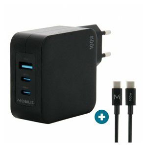 Mobilis Charger 100W 2USB C 1USBA GaN cable 100W Laptop, Smartphone, Tablet Black AC Indoor