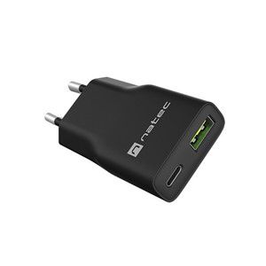 NATEC RIBERA GAN SLIM MAINS CHARGER 1× USB-A + 1× USB-C 20W BLACK