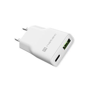 NATEC RIBERA GAN SLIM MAINS CHARGER 1× USB-A + 1× USB-C 20W WHITE
