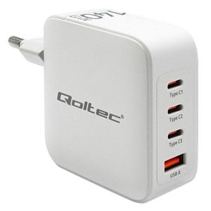Qoltec 140W GaN Wall Charger | 5-20V | 2.5-5A | 3 x USB-C PD | 1 x USB QC 3.0 | White