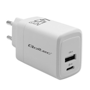 Qoltec 51825 GaN 45W charger| 5-20V | 1.5-3A | 1 x USB-C PD | 1x USB QC 3.0 | White